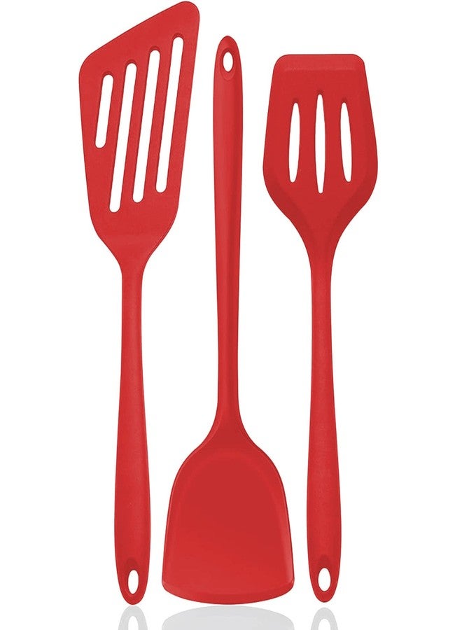 P Plus Fire Silicone Spatula Turner Set - Nonstick Pancake Egg Flipper Kitchen Wok Turner, Large Wide Fish Spatula & Slotted Spatula, Cooking Utensils 34CM(Set of 3,Red) - Image 1